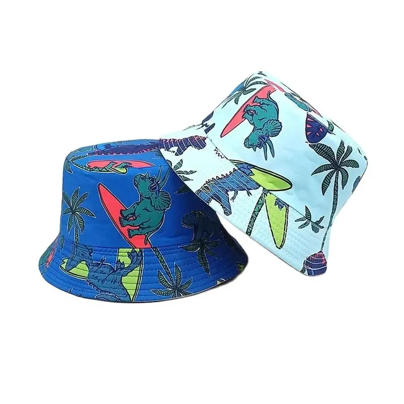 LDSLYJR Four Seasons Polyester Cartoon Dinosaur Print Bucket Hat Outdoor Travel Sun Cap For Child Boy and Girl 106