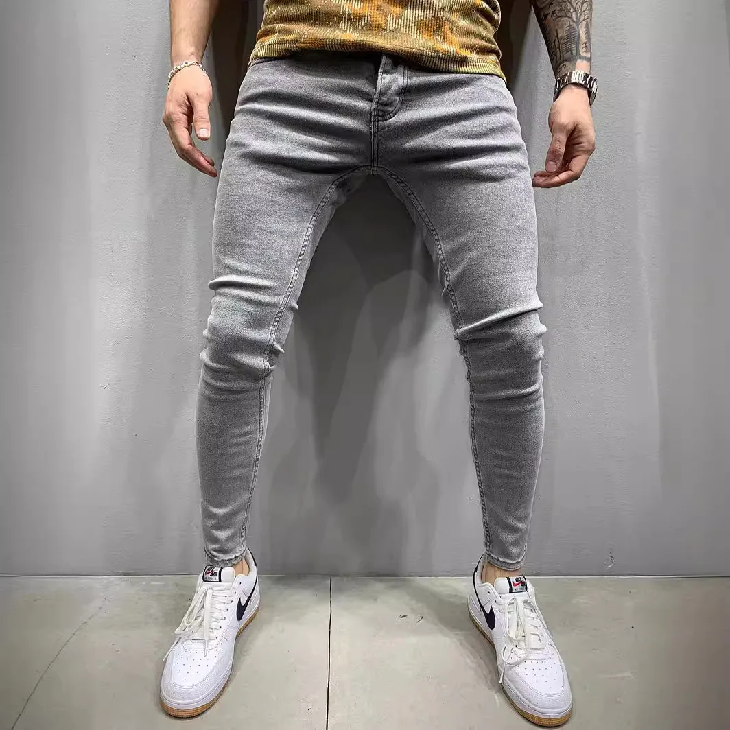 

Grey Pure Color Jeans Men Elastic Waist Skinny Jeans Men 2026 Stretch No Ripped Pants Streetwear Black Mens Denim Trousers