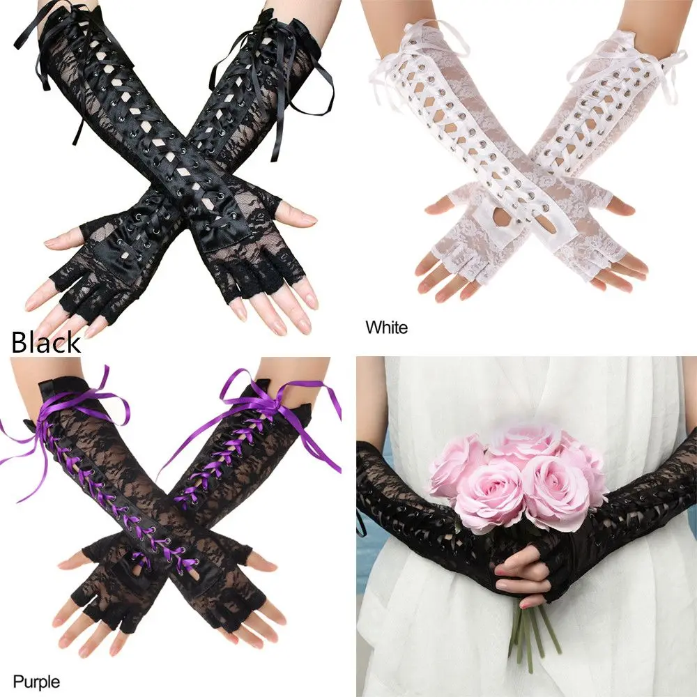 1 زوج النساء حزب تأثيري طقوس الرقص طويل فاسق القفازات القوطية قفازات قفازات برباط شريط حرير #6