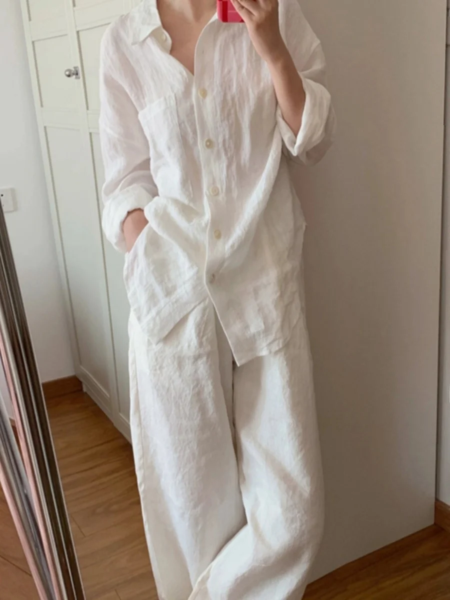 

White Linen irt Pants Set Women Casual Lightweight Long Sve Top Bot Two-Piece Suit Comfortable Loose Fit Summer Outfit