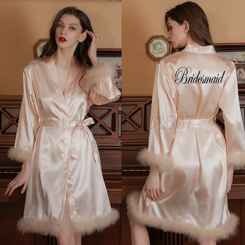 Satin Feather Patchwork Bride Bridesmaid Robe Sexy Kimono Bathrobe Gown Casual Sleepwear Intimate Lingerie Female Nightgown