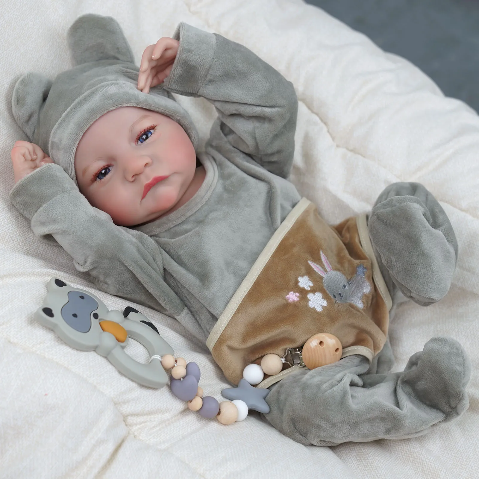 49CM Levi Newborn Baby Doll Reborn Sleeping Soft Silicone Flexible 3D Skin Tone with Visible Veins Hand Paint Hair Doll