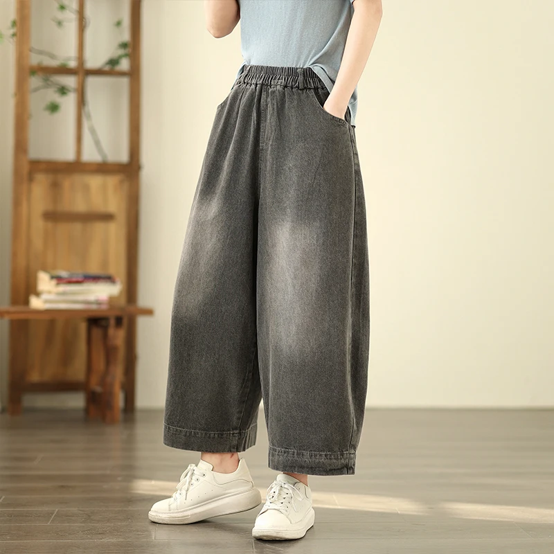 Retro Chinese Sle Wide Leg Jeans Women's Straight Cut Trousers Personali Loose plus Size Slimming Effect Summer New Arrival