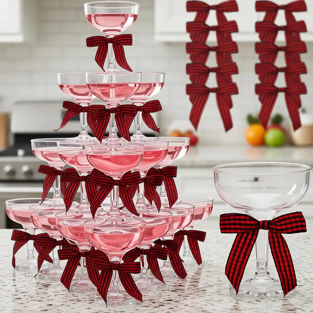 

Бокалы для шампанского и коктейлей Маргарита с бантом, 5 унций, 2,8 дюйма, красно-черная клетка, 50 шт.