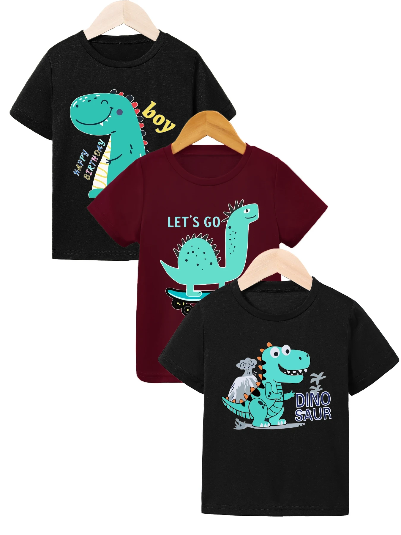 

3 шт.: Летняя повседневная футболка для мальчиков — зеленый принт динозавра из мультфильма