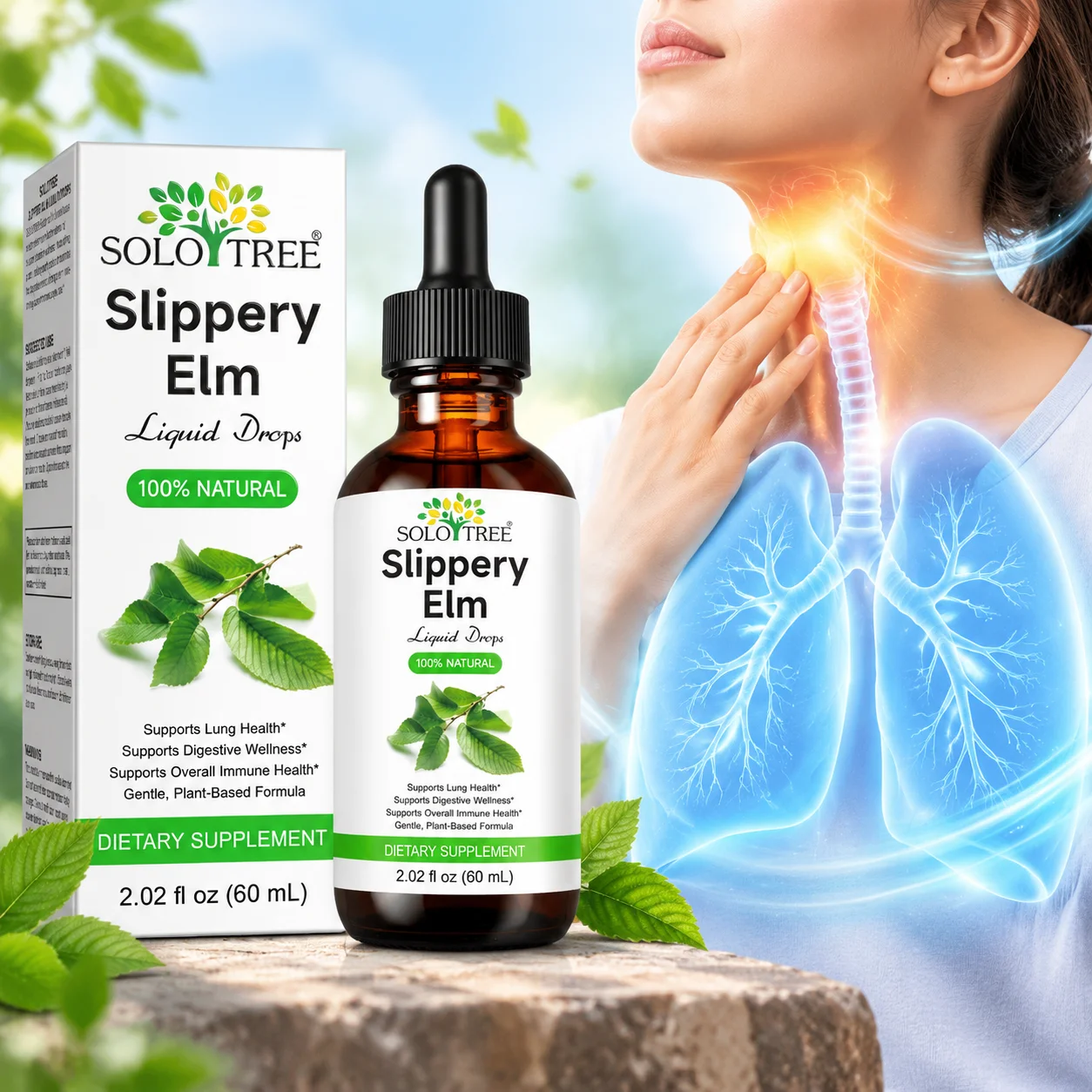 Slippery Elm Liquid Drops Support Lung Health &Soothing Throat Respiratory Wellness & Immune Health 680mg 60ml for Sore Throat