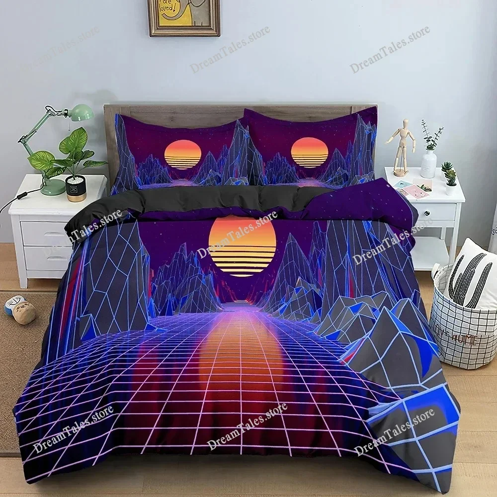 

Retro Bedding Set Abstract Duvet Cover Set Waves and Sunset Pattern Comforter Cover with Pillowcase King Queen Home Textiles369