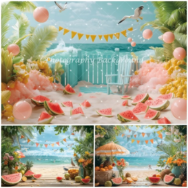 Hawaii Summer Seaside Photography Backdrop Tropical Fruit Sailing Beach Umbrella Banner Birthday Photo Background Vacation Decor