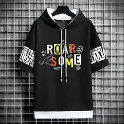 Korean Version Of The Trend Of Men's Hooded Printed T-Shirt Youth Spring Summer Thin Clothes Everyday Casual Short Sleeves Tops