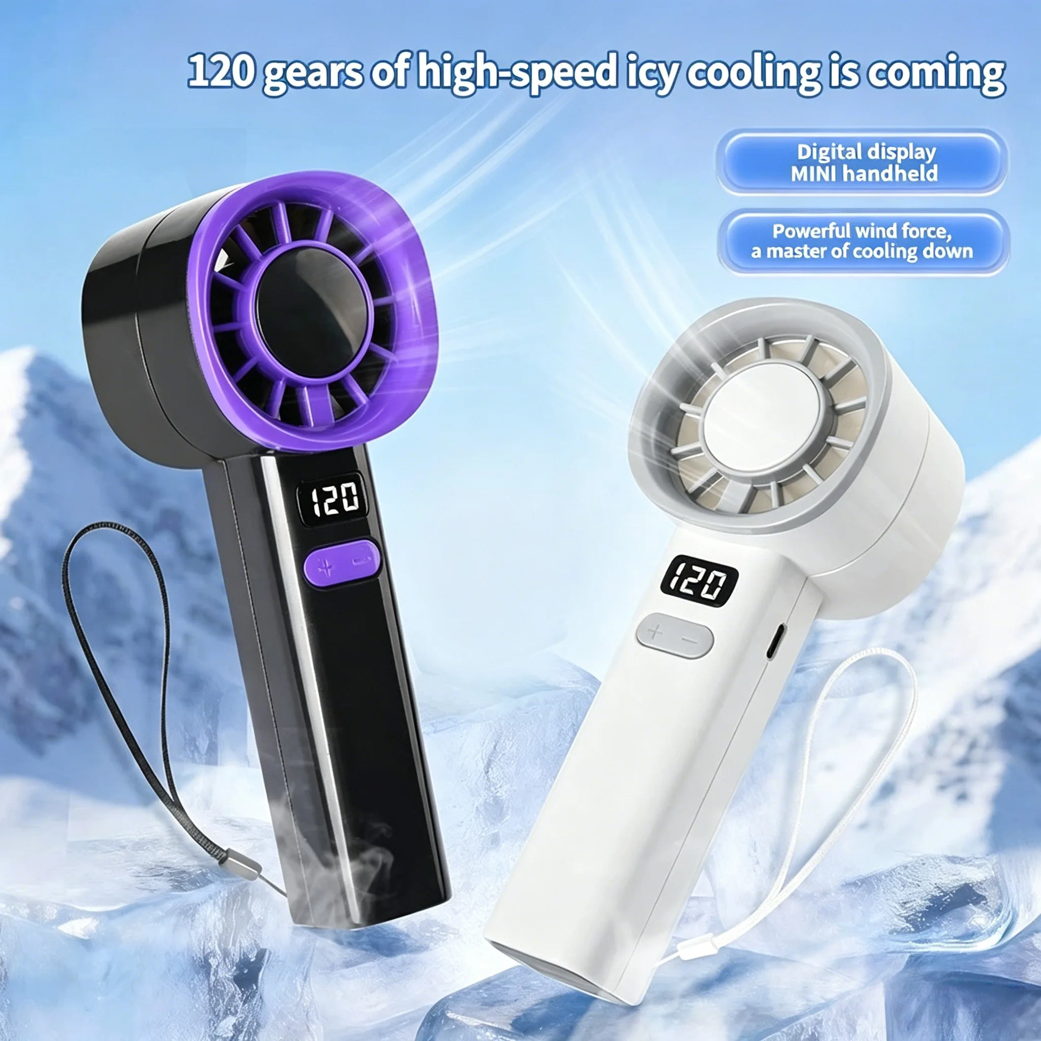 High Speed Portable Mini Handheld LCD Turbo Fan Rechargeable Digital Display 120 Speeds for Indoor Outdoor Travel Strong Wind