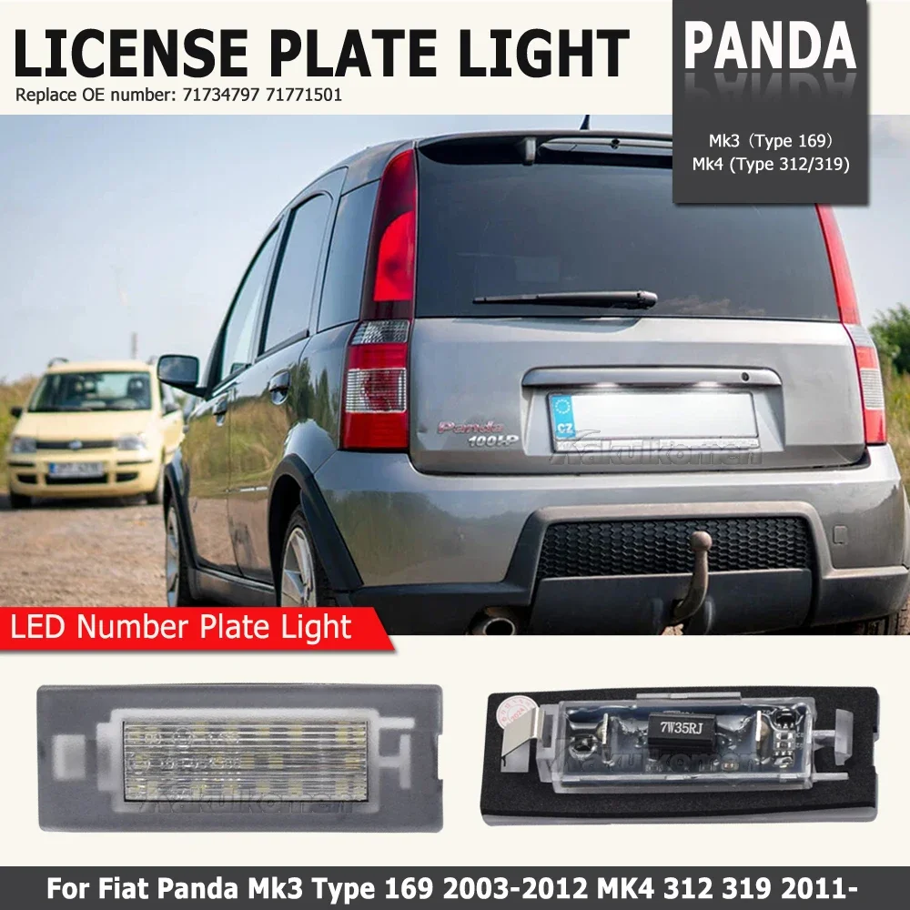 2pcs Canbus For FIAT Panda MK3 MK4 Typ 169 312 319 2003-2012 LED License Number Plate Light Lamp White 12v OEM#:71734797