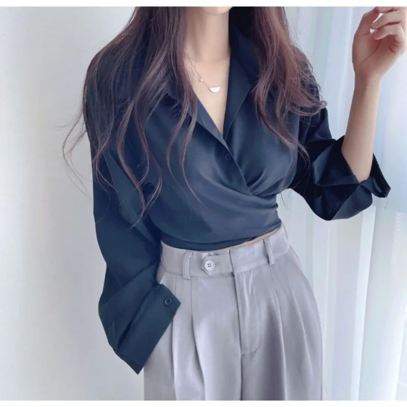 QWEEK Office Chic Elegant Short Shirts Women Korean Style Chemise Casual Vintage Solid Color Long Sleeve Autumn Clothes 2024