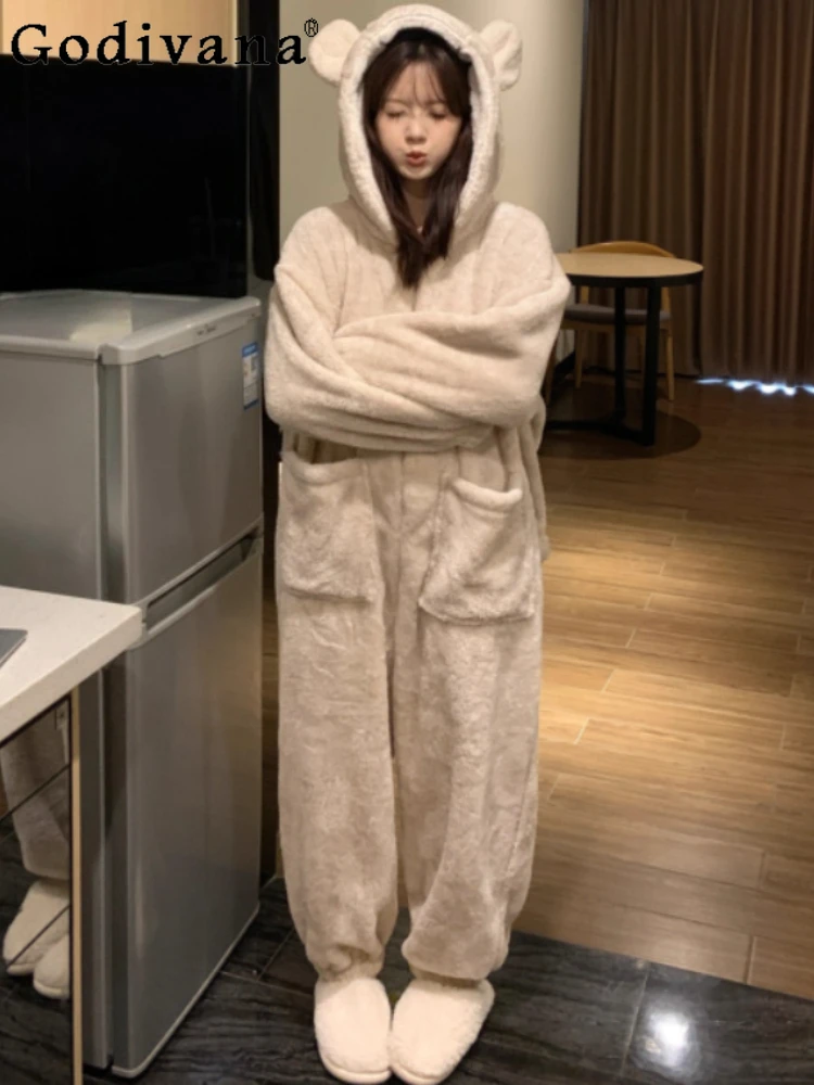 

Women Autumn Winter Cute Large Size Thickened Coral Fleece One-piece Pajamas Comfortable Loose Fashion Sweet Hooded Loungewear