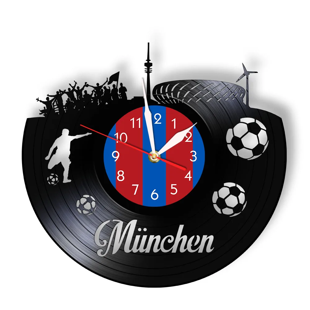 

München City Skyline Mute Wall Clock German State Football Stadium Fan Celebration Stern des Suedens Wall Art Vinyl Record Watch