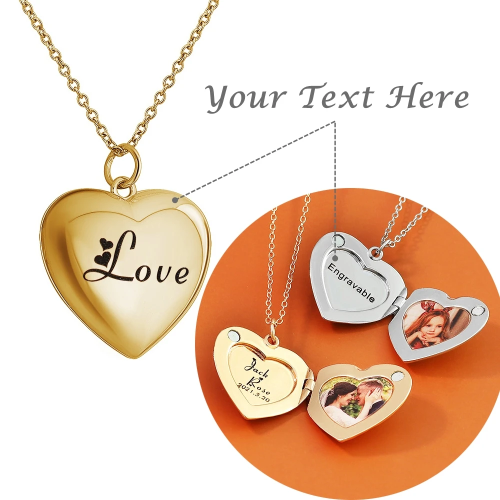 Fashion Custom Stainless Steel Heart Locket Pendant Memory Photo Necklace Family Image Picture Personalized Anniversary Gift