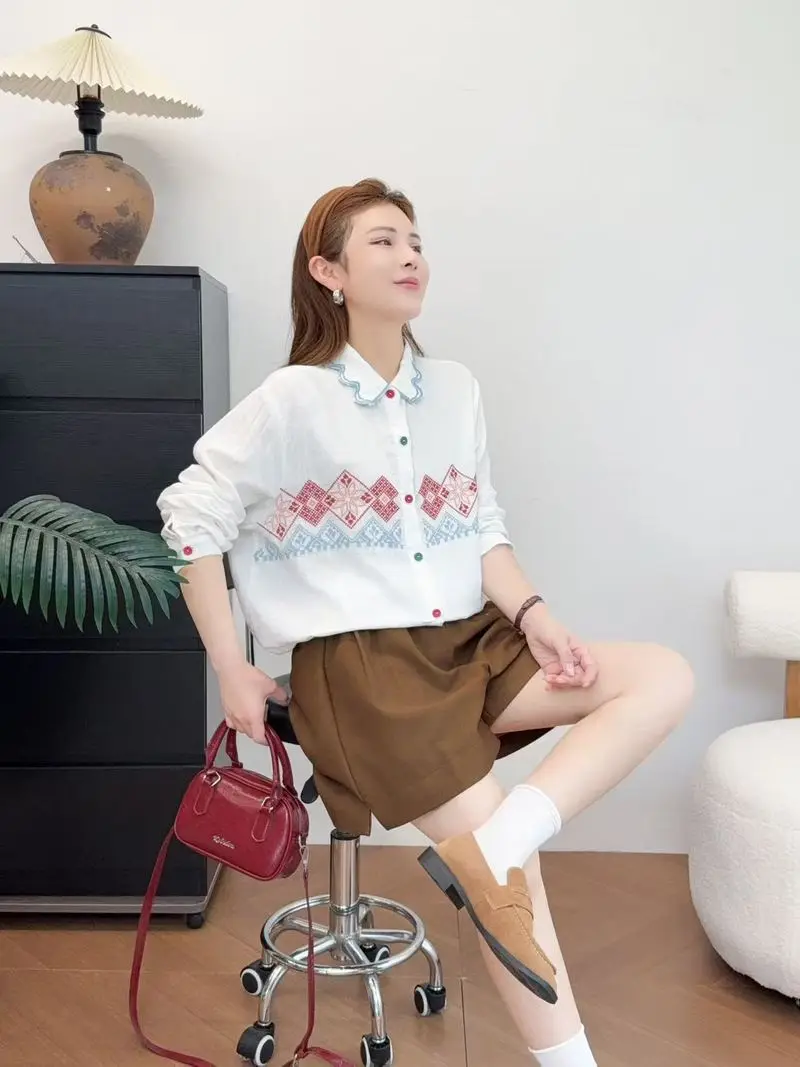 New 2026 Autumn Women Cotton Long Sleeve Shirt, Turn-down Collar Embroidery, Mori Girl Ethnic Style Chic Loose Blouse T68120CC view 5