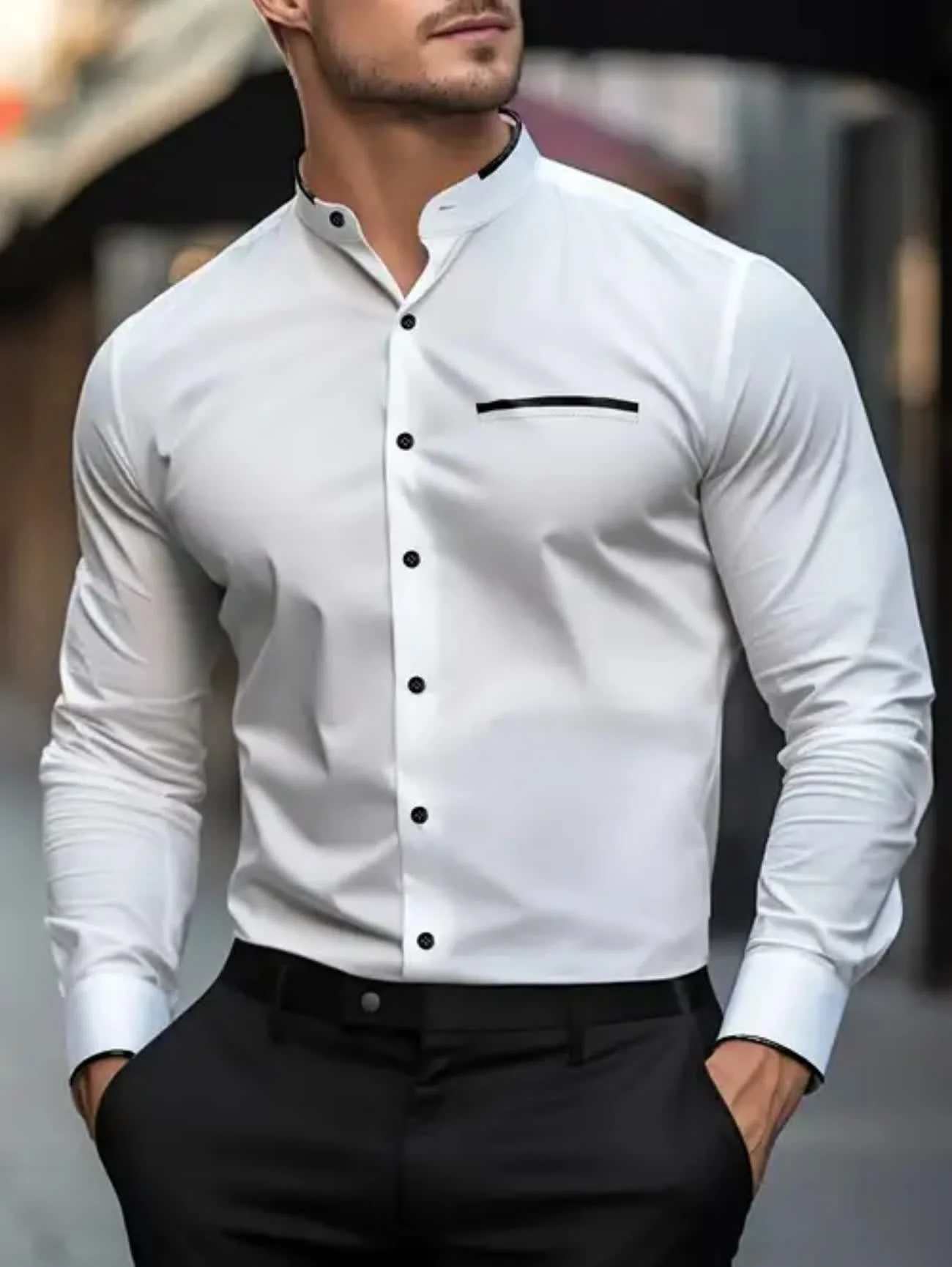 

New men's long-sleeved shirt - solid color shirt - fashionable high-quality men's top - blue, white, pink, green, red - business