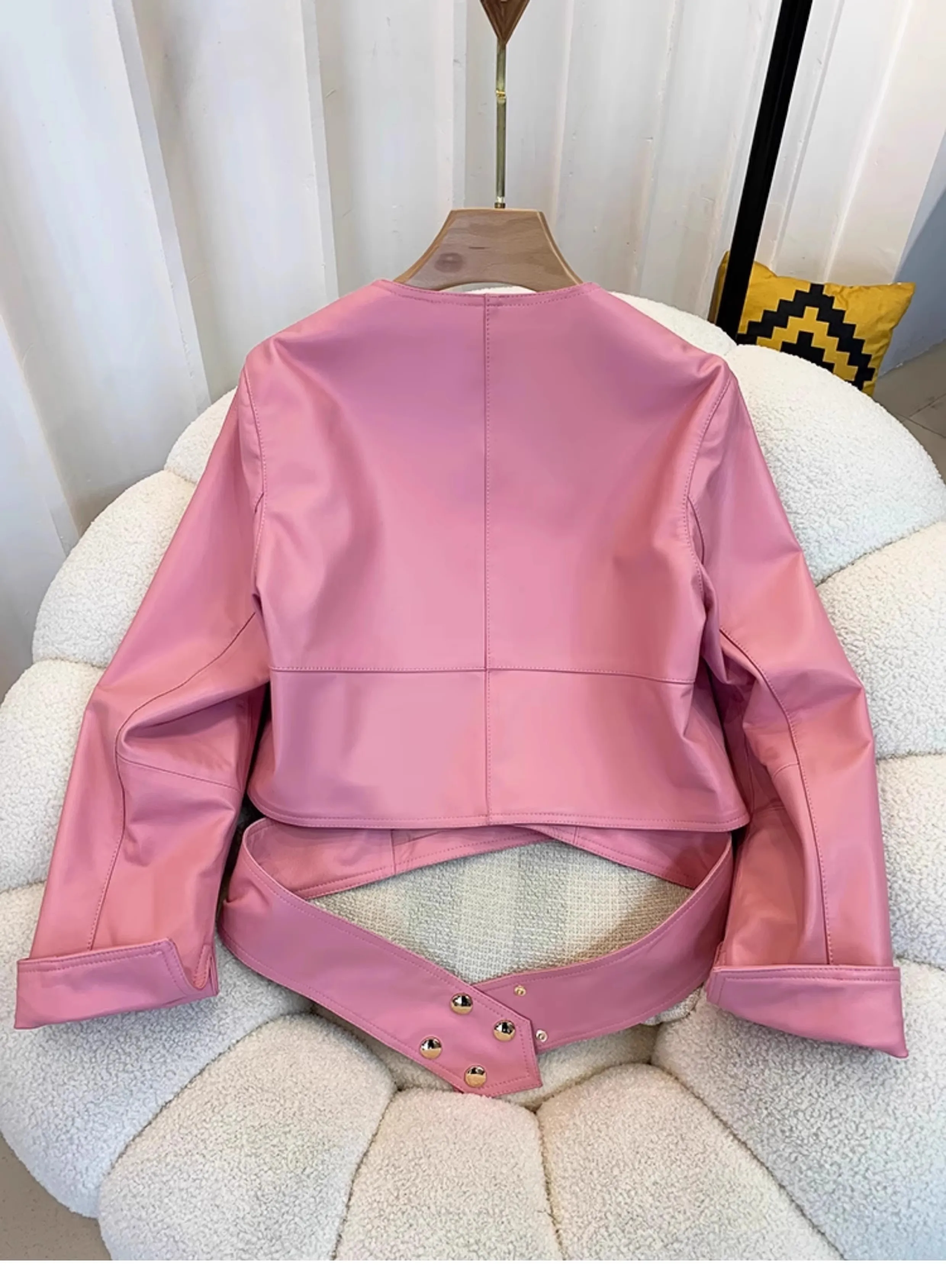 Chaqueta corta de piel de oveja auténtica para mujer, abrigo corto con cuello en V para oficina, Y4593, novedad de otoño