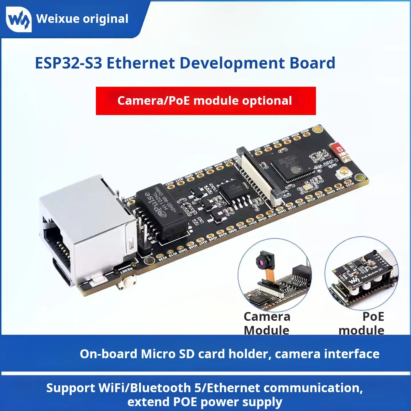 WAVESHARE ESP32-S3 Ethernet Development Board, Communication Module: WiFi/Bluetooth, Expandable PoE Power Supply, Camera