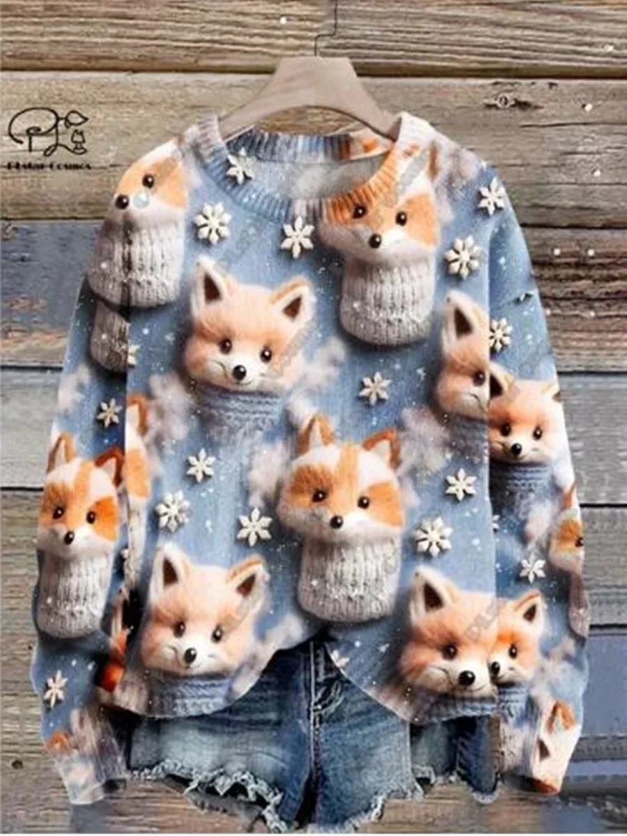 

New Winter Men's Sweater Animal Series Vintage Cute Fox Art 3D Printed Ugly Sweater Unisex Fashion Harajuku Casual Sweater L004