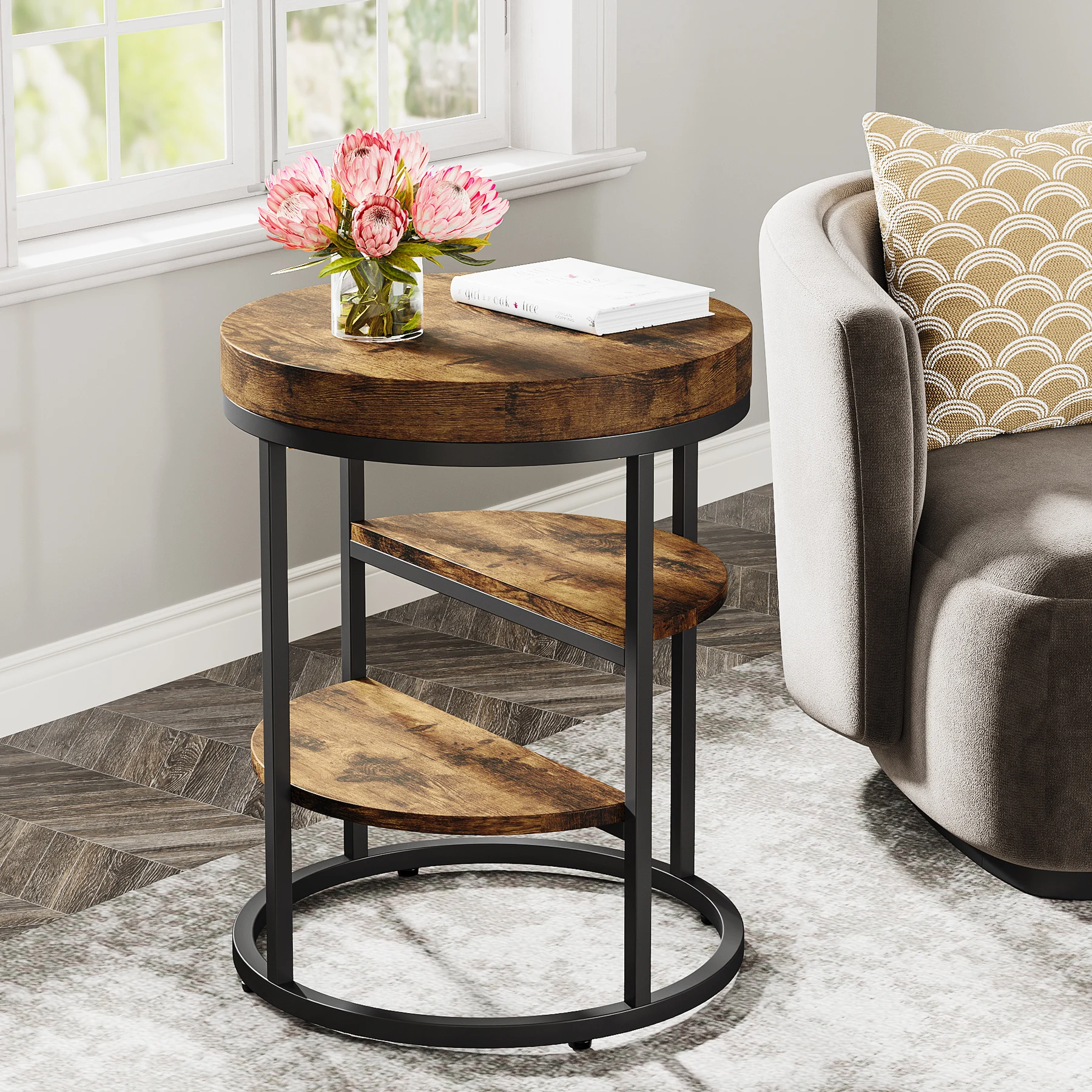 Tribesigns Round End Table, Small End Table with 3 Storage Shelves, Wood Side Table for Small Spaces, Industrial Sofa Table