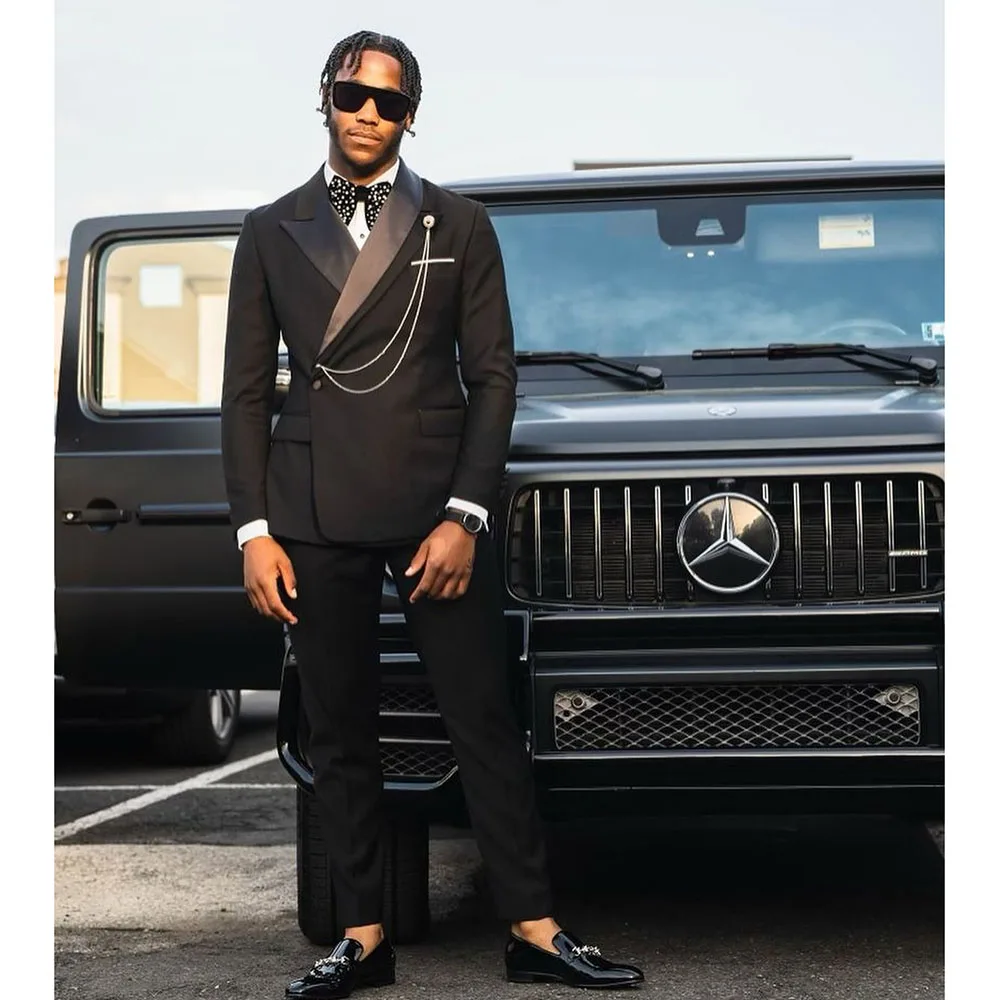 

Elegant Black Men's Suits for Wedding One Button Flat Front Slim Fit 2 Piece Jacket Pants Sets High Quality Male Clothing