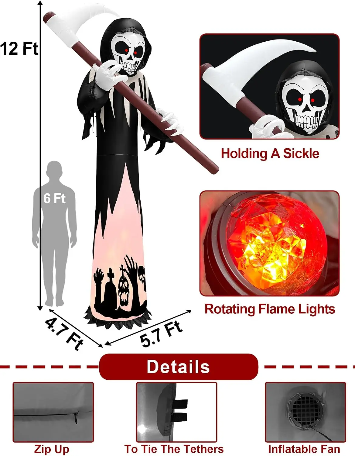 12FT Tall Halloween Inflatables Outdoor Decorations Grim Reaper Ghost | Built-in Rotating Flame LED Lights, Scary Blow Up Grim R