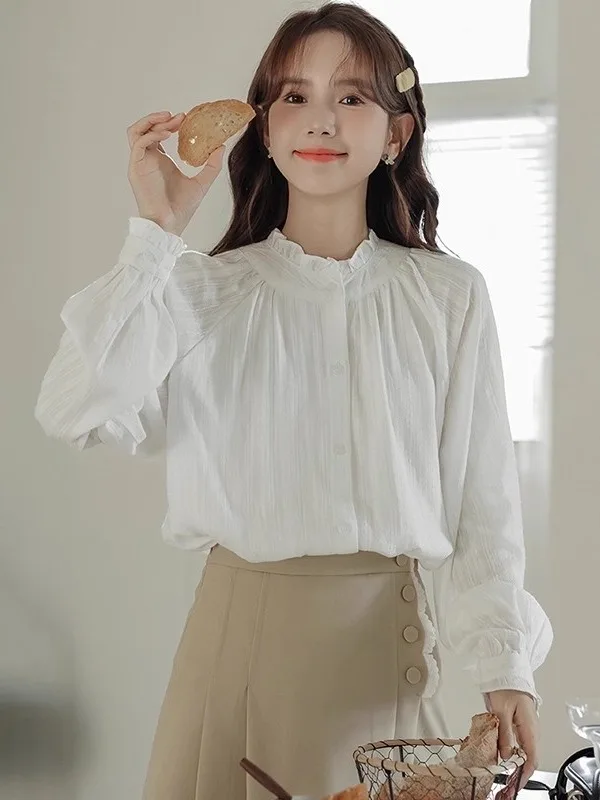 

Женская модная повседневная хлопковая блузка с длинным рукавом, воротником-стойкой и деревянной отделкой для весны, осени и зимы