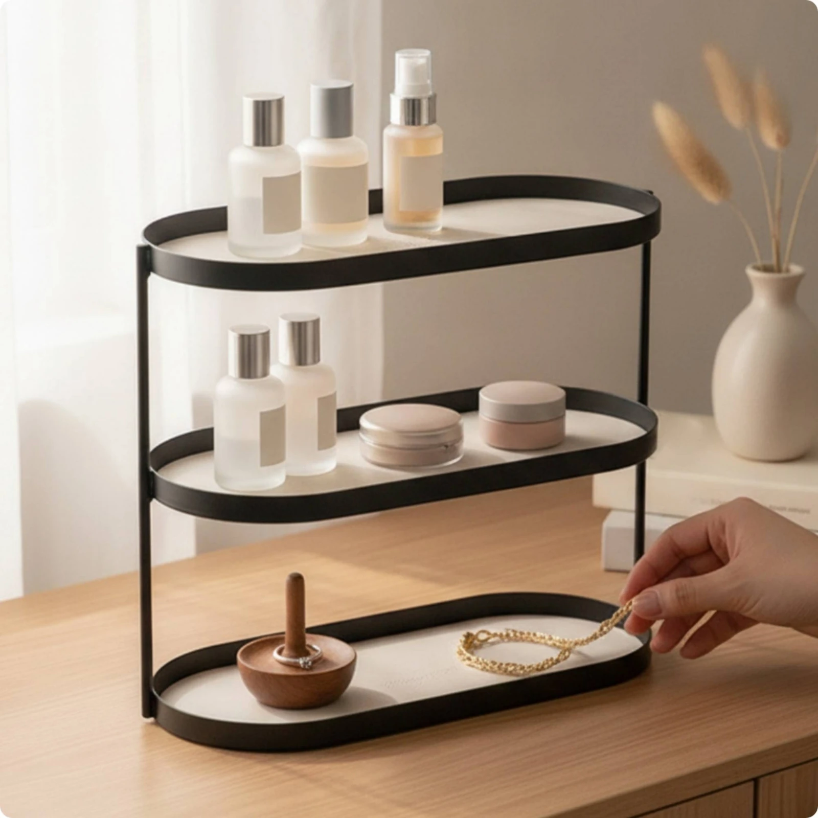 Oval Tabletop Rack with Leather Shelves Space-Saving 3-Tier Organizer with Leather Shelves Countertop Organizer Shelf Sturdy