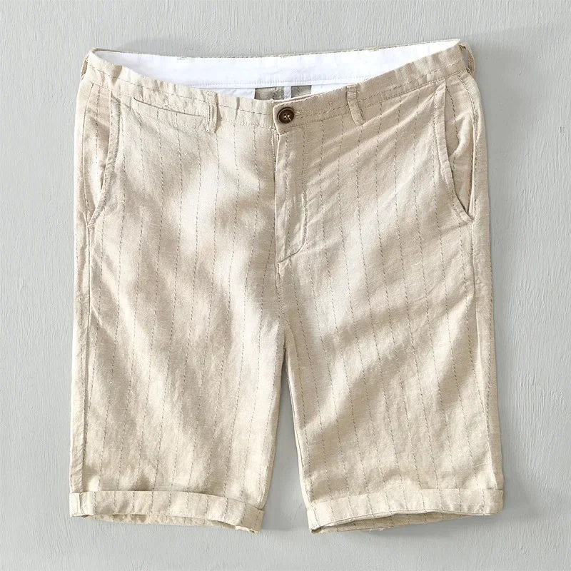 Summer Shorts Men Casual Breathable Beach Men's Shorts Cotton Linen Shorts Man Straight Shorts Harajuku Retro Striped Short Pant
