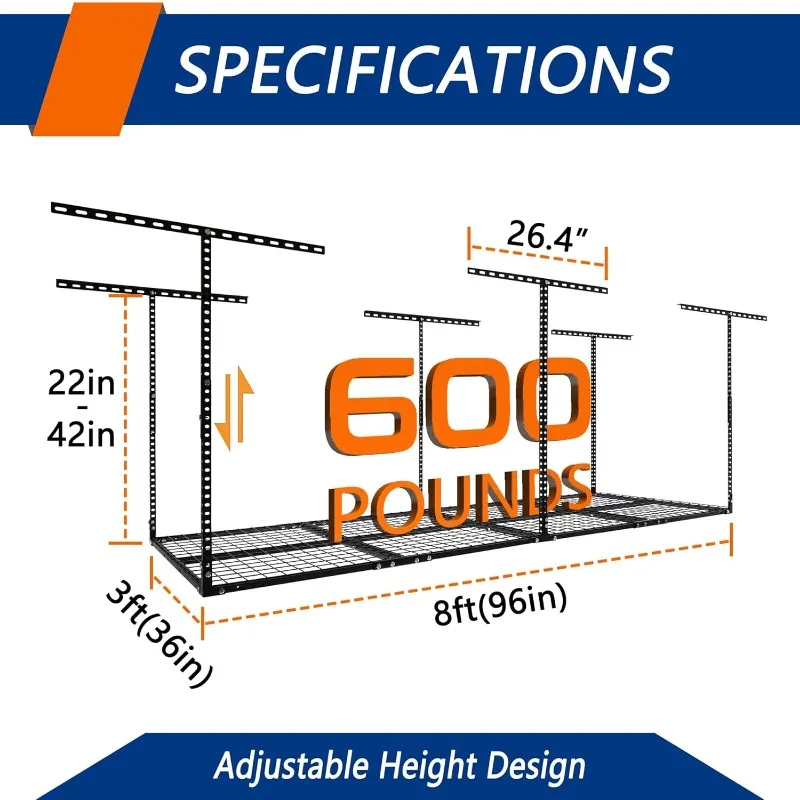 2025, capacità di peso di 600 libbre (nero) Scaffale per garage sopraelevato da 3 x 8 piedi Scaffale per garage Sistema di organizer per riporre oggetti pesanti