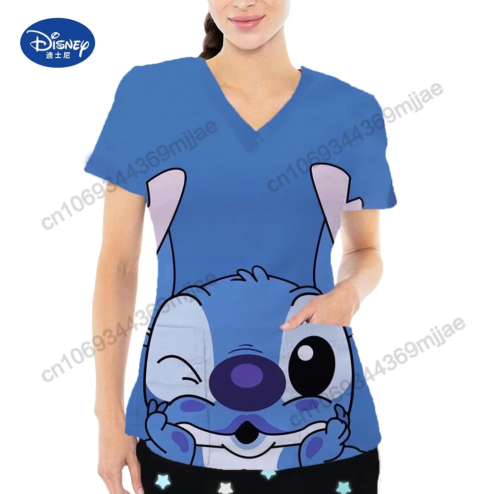 

Cartoon Short Sleeves Women's Tops Pocket Design Tops for Girl V-neck Women's T-shirts