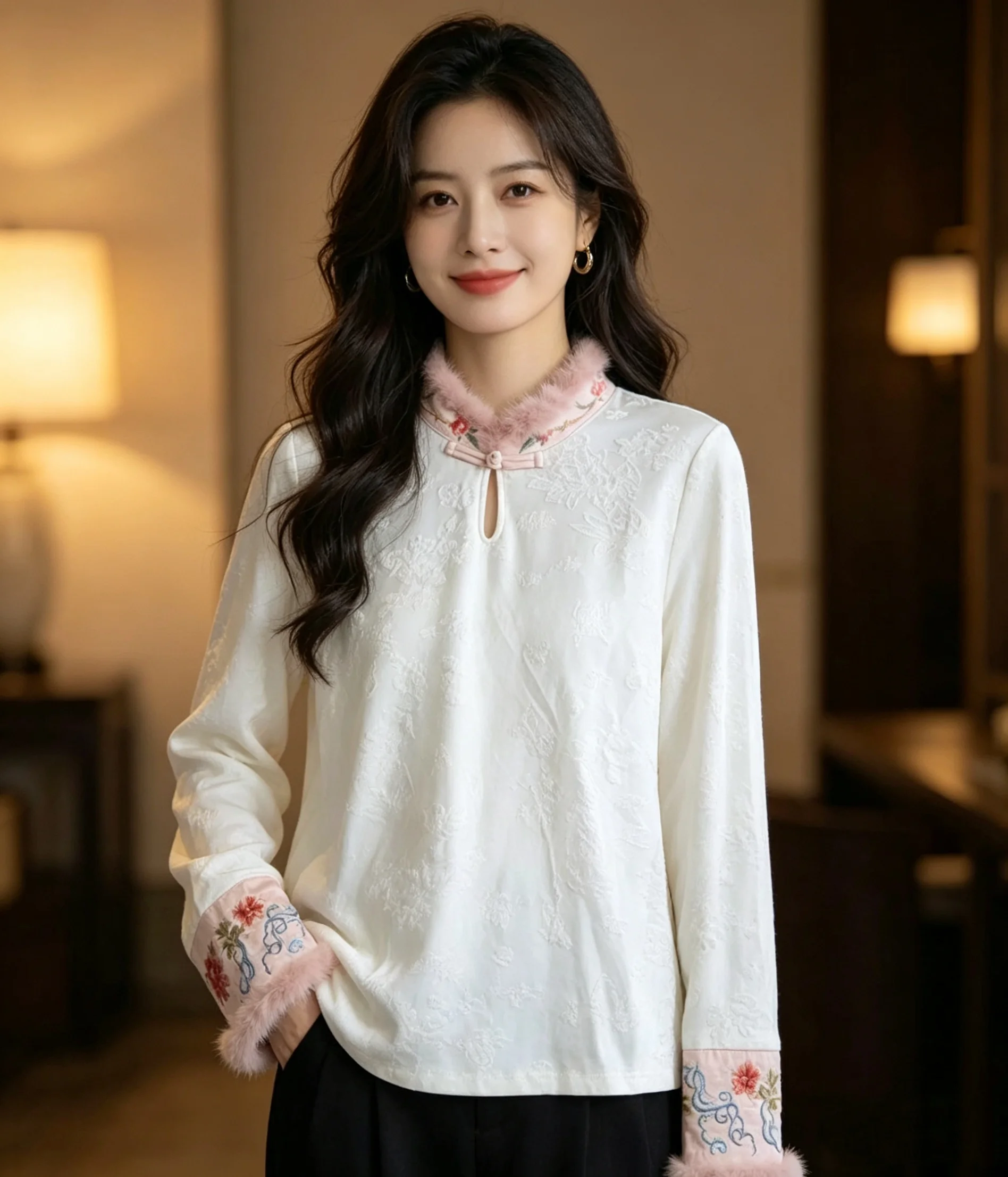 Chinese style woman clothing White cotton fur collar winter Long sleeve t-shirt Vintage fashion embroidery ethnic style tops