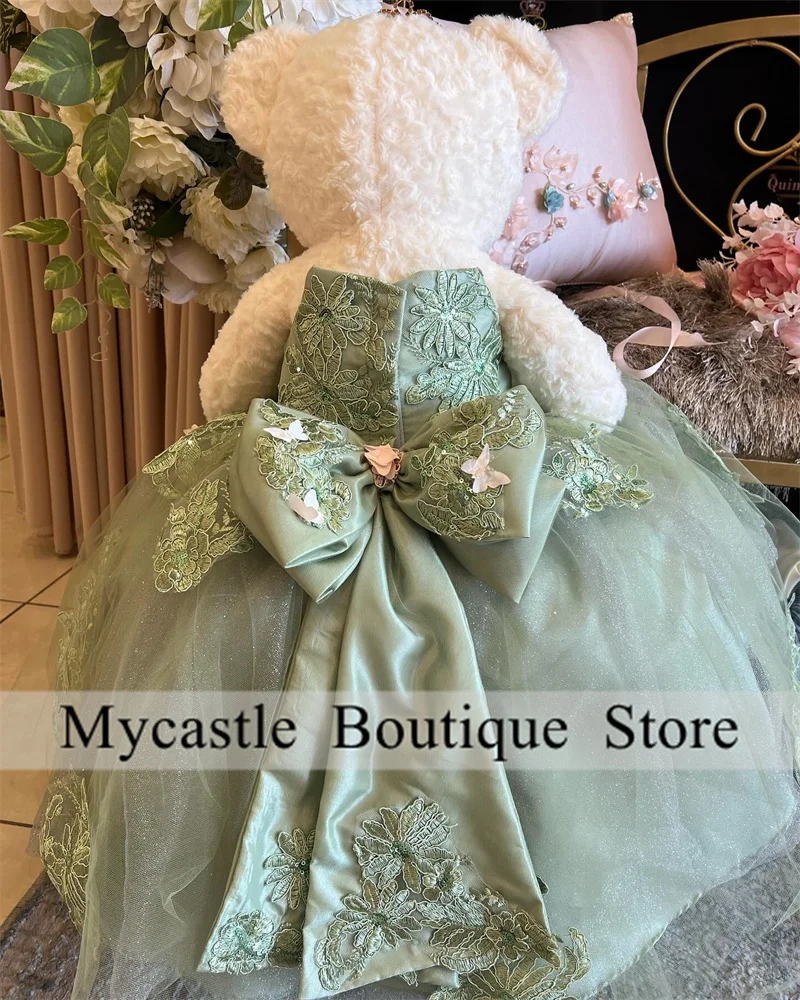 Vestido de oso de peluche para quinceañeras con apliques de encaje verde, Mini vestidos para quinceañeras con cuentas y lazo, personalizados, 2025