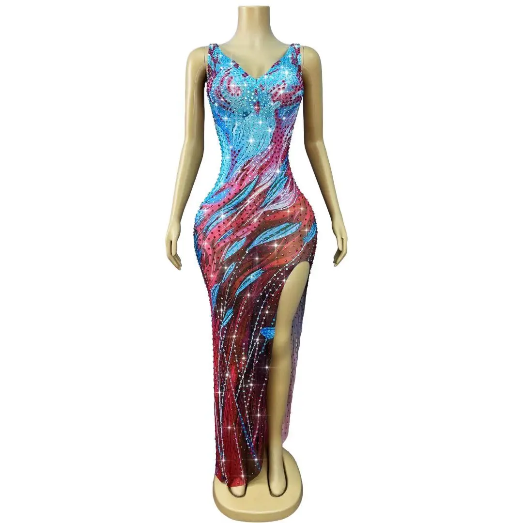 Haizhongye Shiny Liquid Art Print Full Rhinestone Mesh Long Mermaid Dress Thin Strap High Side Slit Photoshoot Outfit