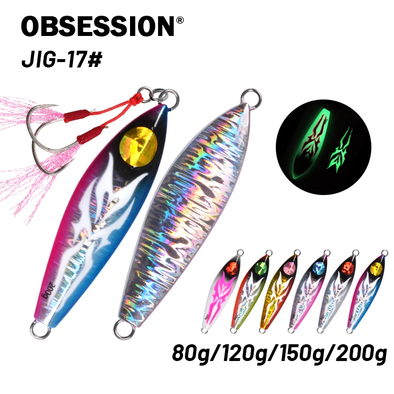 

OBSESSION Slow-Shake Iron Plate Bait 80g 120g 150g 200g Luminous Metal Saltwater Jigging Fishing Lures With Twins Assist Hooks