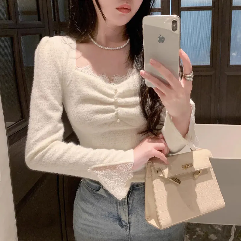 

Elegant Square Collar Pullovers Women's Clothing Folds Fashion Lace Spliced Commute Autumn Winter Fleece Slim Beading T-shirt