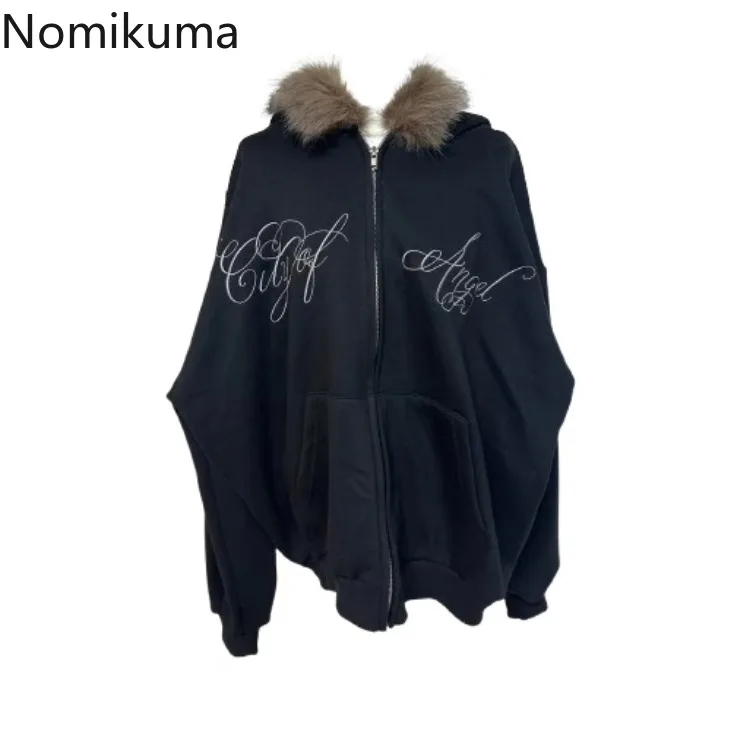 Furry Hooded Sweatshirts Coat Women Clothing Streetwear Fashion Y2k Tops 2024 Ropa Mujer Letter Casual Thicked Zipper Jackets