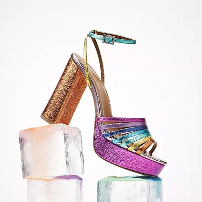 

New Red Gradient Rainbow Striped Heels Block Open Buckle Sandals Light Purple Platform Bling Wrap Mixed Colors Sexy Party Shoes