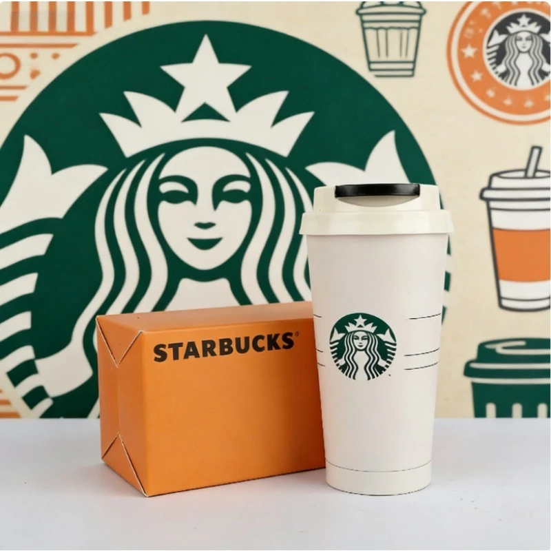 Vaso Térmico Clásico Estilo Starbucks de 473 ml, Color Beige, Taza de Viaje con Logotipo Verde Sirena, Tapa Negra, Taza de Café Portátil, Regalo