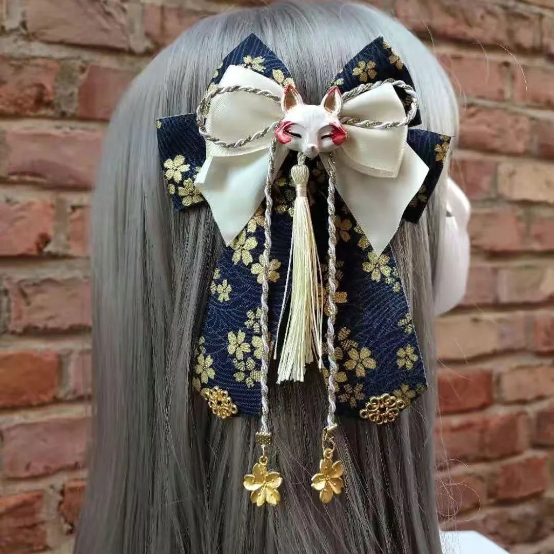 Japanese Women Girls Lolita Kimono Big Bow Fox Hairpin Headdress Harajuku Ladies Cosplay Hair Clip Side Clip Hair Accessories