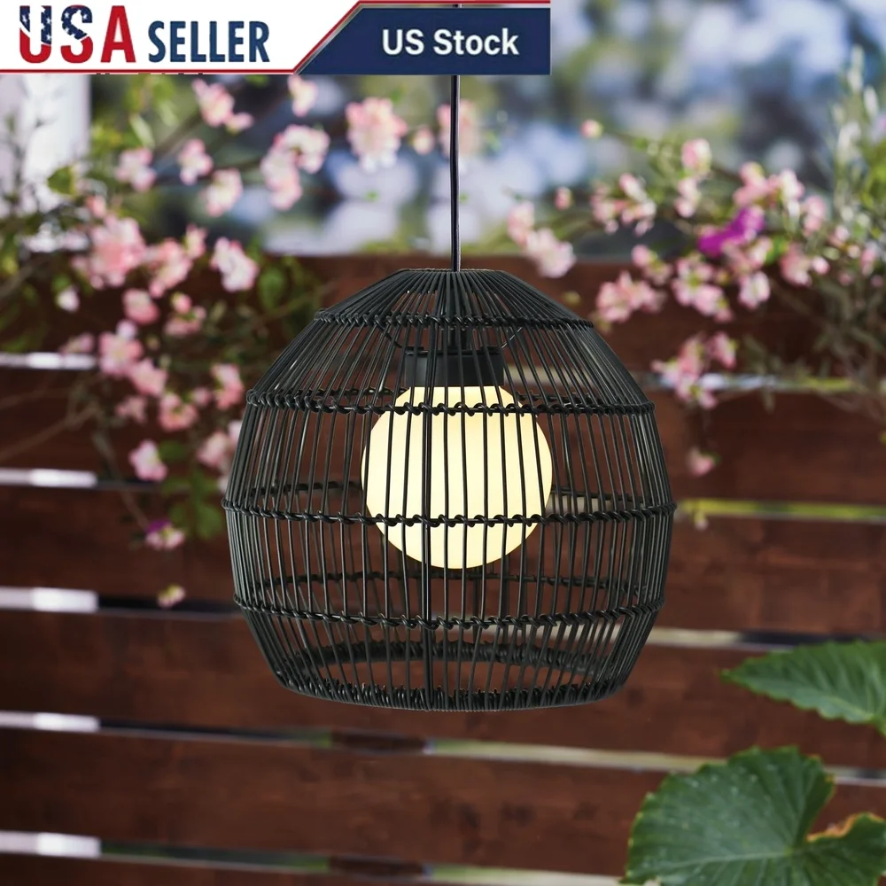 

Outdoor Solar Powered Woven Pendant Light 16 Inch Durable Metal Frame Integrated LED Black Rattan Shade Patio Garden