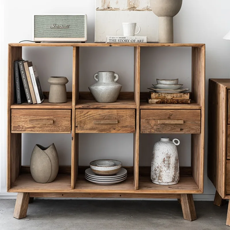 

Solid wood side cabinet wabi-sabi wind locker pine drawer grid