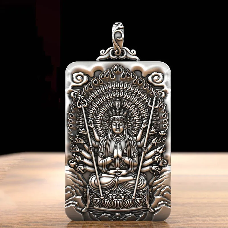 925 Silver Exquisite Chinese Style Pendant for Men Keel Chain Square Carved Thousand Avalokitesvara Bodhisattva Necklace Jewelry