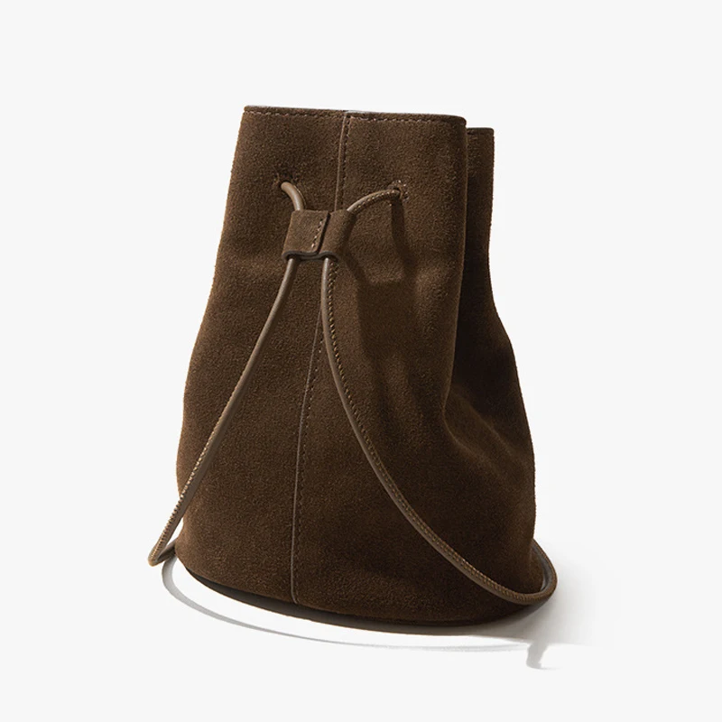 Couro genuíno cordão pequeno balde sacos para mulheres designer de luxo bolsa e bolsa 2025 novo no vintage fosco ombro frete grátis chegada rápida