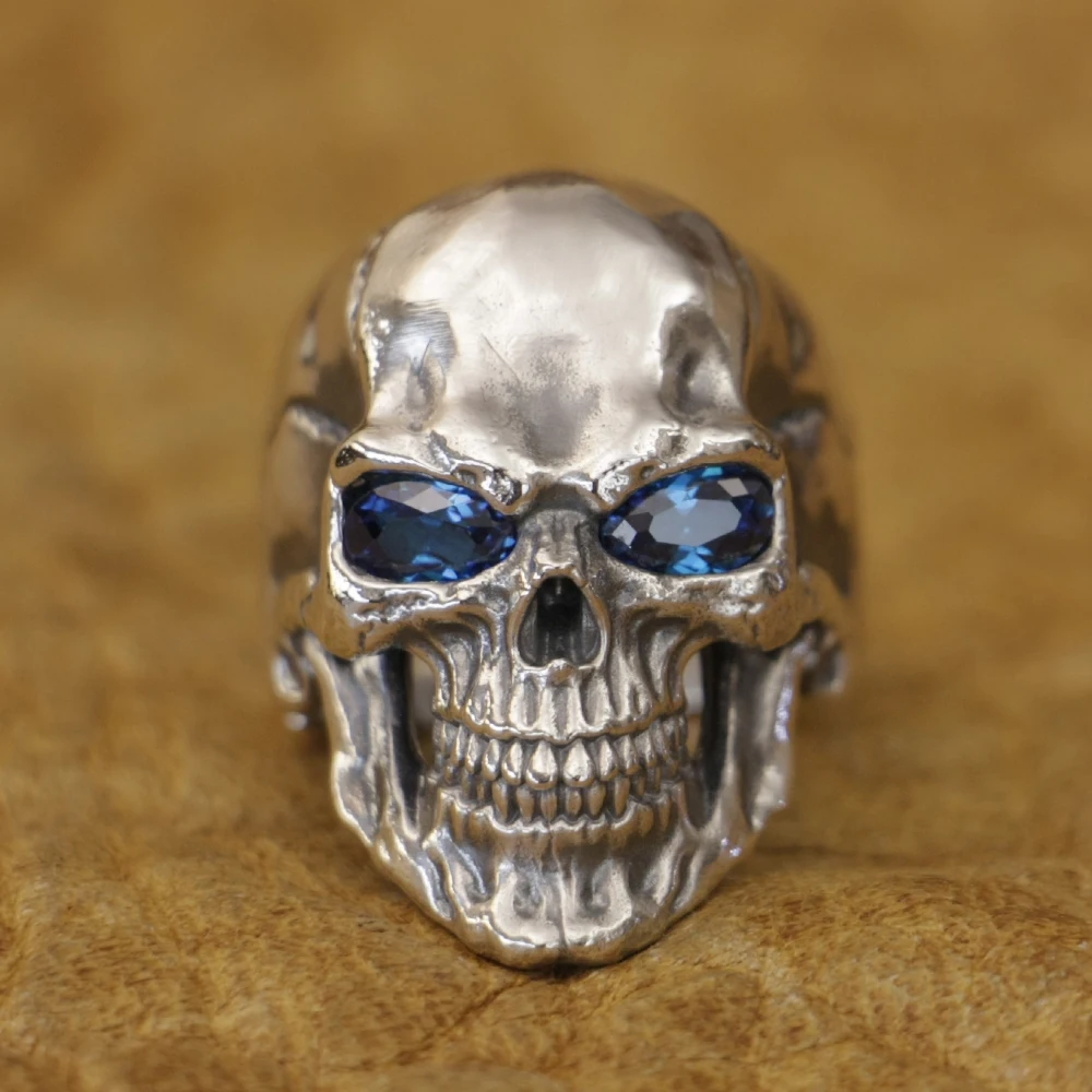 925 Sterling Silver Smile Skull Blue CZ Eyes Biker Rock Ring TA464 US Size 8~15