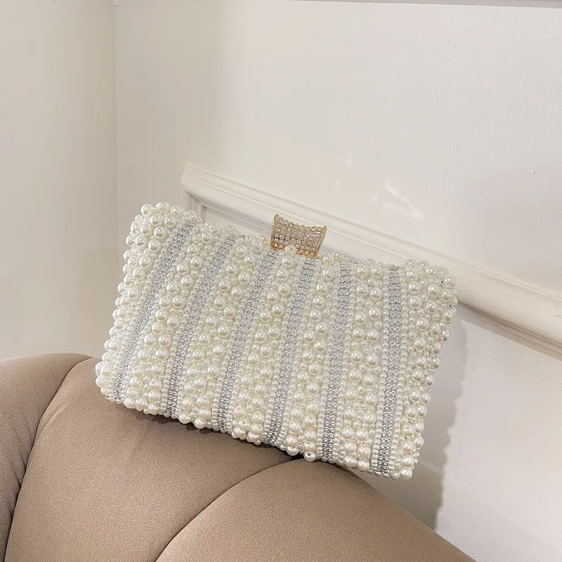 Vintage Pearl Women Handbag 2023 Diamond Evening Bag Luxury Wedding Bridal Ladies Clutch Chain White Shoulder Dress Dinner Bag