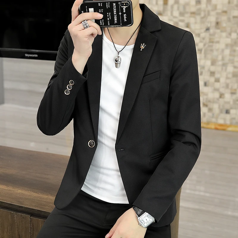 

Autumn Men's Slim Fit Pink Suit Jaet Casual Single Piece Upper Apparel Faionable Urban Sle Long Sve Color