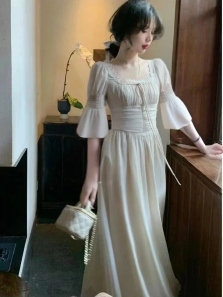 Korean Elegant Princess Evening Party Midi Dresses Summer Chic Bandage Beach Vestidos French Court Style Big Hem Robe Clothes