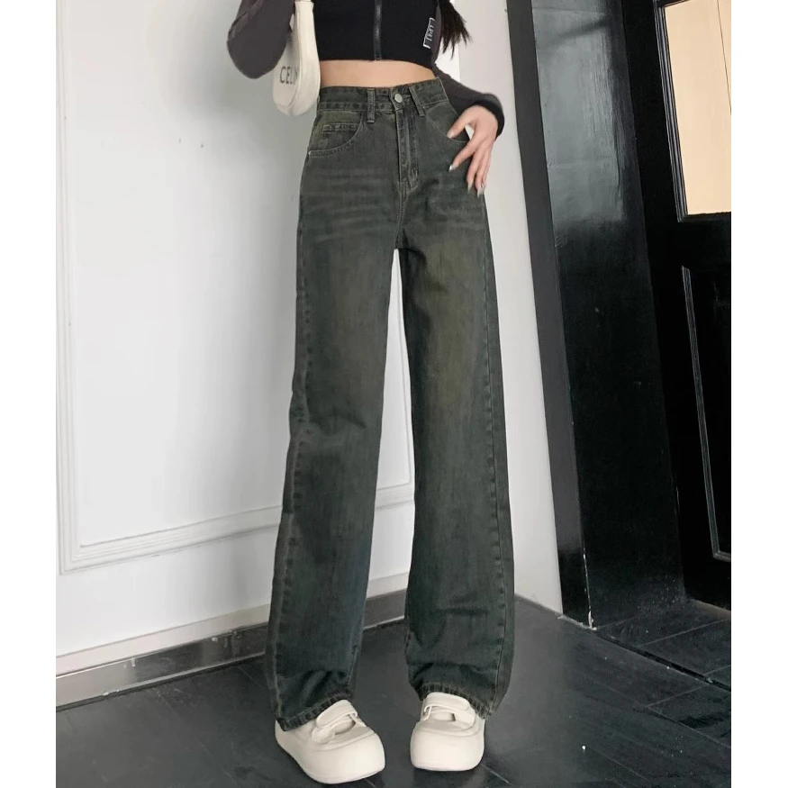 Narrow straight jeans female 2024 new explosive spring cement grey high waist thin small wide-legged trousers